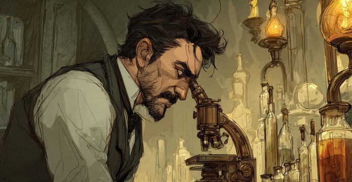 Victorian scientist analyzes dna strands in gaslight laboratory