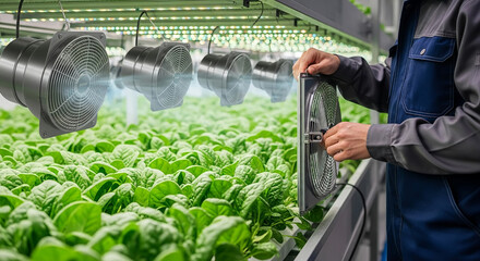 Technician adjusting ventilation system in a modern indoor hydroponic lettuce farm.