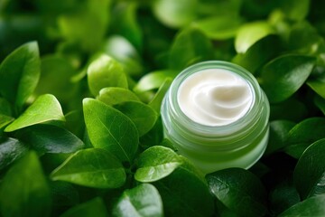 Cream jar with natural cosmetic product on green leaves background, skincare