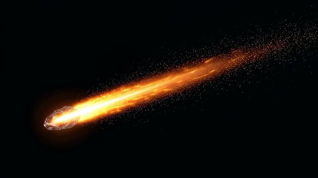 Meteoroid with fire trail burning up in atmosphere. Comet flying through space with particles falling. Asteroid concept footage.