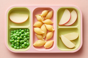 Vegetarian Meal Tray with Shell Pasta, Apple Slices, and Green Peas – Sensory-Friendly Airline Snack
