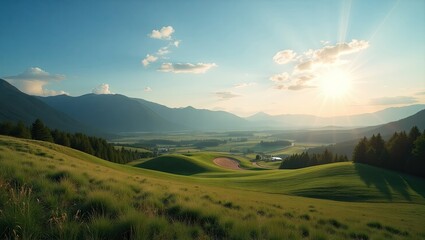 Sunlit valley with rolling hills and mountains.