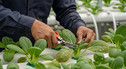 Close-up of hands trimming leafy green vegetables in a hydroponic system, showcasing sustainable agriculture and modern farming techniques.