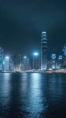 Obraz premium A stunning view of a modern city skyline illuminated at night, integrated with digital graphics showcasing technology and connectivity throughout the urban landscape