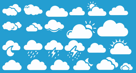This vector showcases a collection of white cloud icons depicting various weather conditions like sun, rain, thunder and moon, set against a bright blue background in a minimalist style