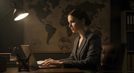 Serious woman working on laptop with a global map behind