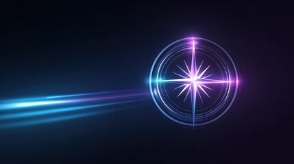 Obraz premium A vibrant, digital compass design with light trails, symbolizing direction and navigation in a dark background.