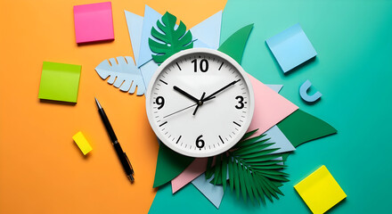 Creative flat lay with clock, stationery, and colorful paper elements on split orange and teal background