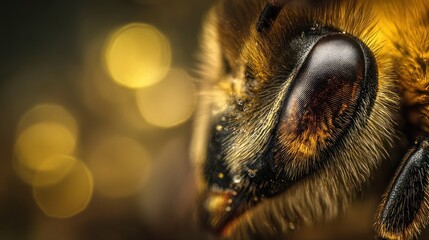 Honeybee extreme close-up with detailed eye, hair and water droplets on body