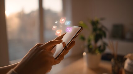 Close-up of hand using smartphone with floating social media icons, likes, and hearts, symbolizing online connection, networking, and digital engagement.