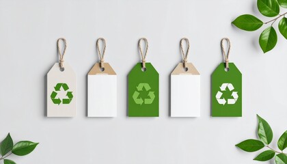 A collection of eco-friendly product labels with recycling icons, representing green marketing and sustainable business practices.