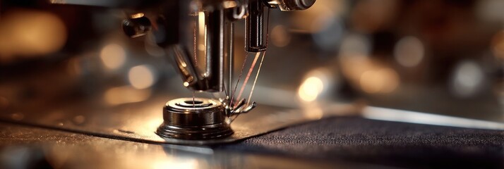 Sewing machine needle with thread stitching fabric in a tailor shop