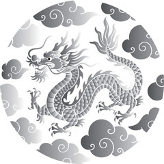Traditional Black and White Dragon Illustration with Clouds