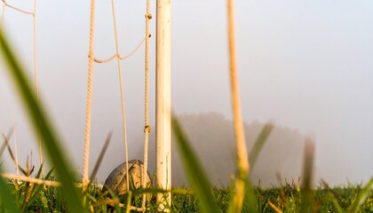 An empty soccer goal on a grassy field, shrouded in early morning mist, creating a serene and atmospheric sports scene.