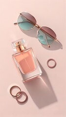 Stylish flatlay with rose-gold sunglasses, perfume bottle, and accessories on pastel pink background &ndash; elegant fashion and beauty concept
