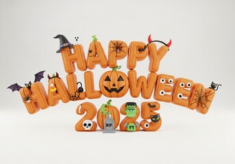 Happy halloween 2025 text made of clay with spooky characters and decorations isolated on white background
