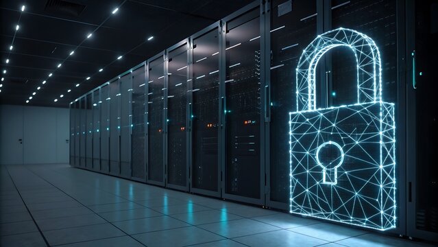 Digital padlock secures servers in dark data center. Perfect for cybersecurity concepts, technology blogs, and internet security design projects.