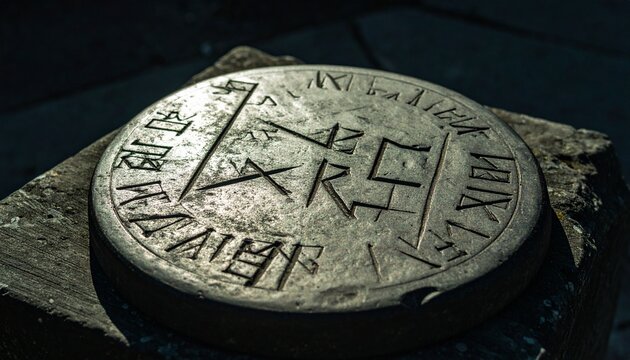 Circular stone artifact engraved with ancient, cryptic runes and symbols, suggesting a forgotten prophecy or magical ritual.