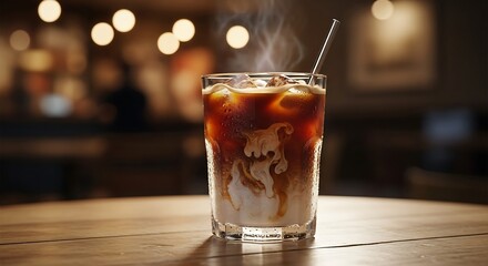 Refreshing Iced Coffee Drink with Milk Swirls on a Wooden Table