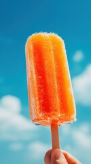 Orange popsicle held against a bright blue sky with fluffy white clouds
