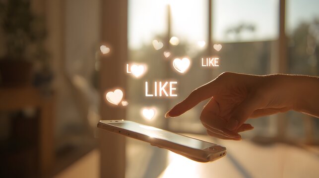 Close-up of hand using smartphone with floating social media icons, likes, and hearts, symbolizing online connection, networking, and digital engagement