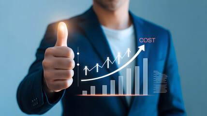 Businessman showing thumbs up with rising cost chart, success and approval concept