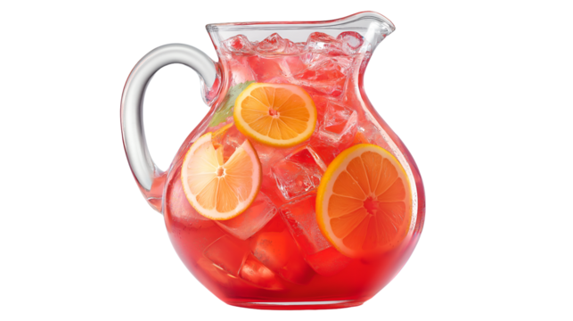 sangria wine in pitcher with ice cubes, lime and orange slices on transparent background