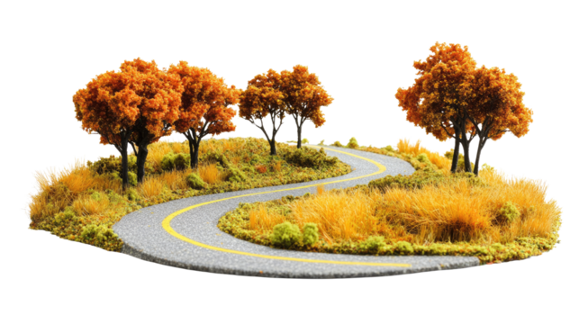 miniature winding asphalt road with dashed yellow lines on white background