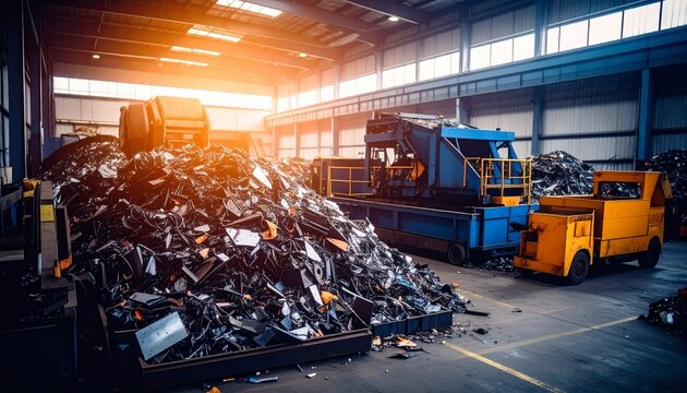 Industrial metal recycling facility with a large pile of scrap waste and heavy machinery under a bright light.