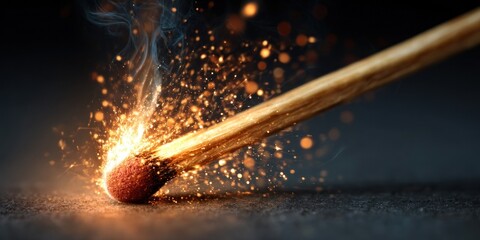 Burning matchstick with bright sparks and smoke on a dark surface, macro