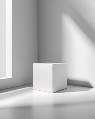 Blank minimalist white packaging box appearing to float in clean light space with soft subtle shadows.