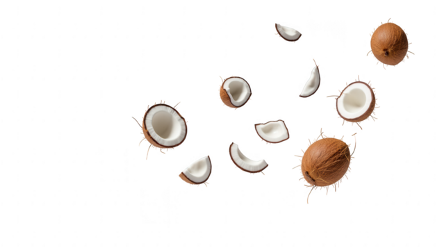Coconuts scattered on transparency background, showcasing their brown shells and white flesh, creating fresh and tropical vibe