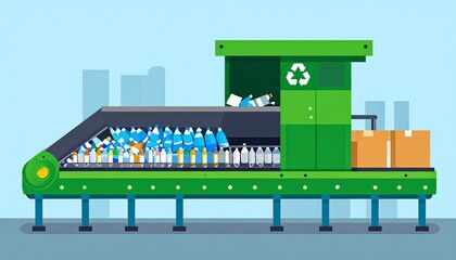 Automated sorting line for plastic bottle recycling. Waste management technology and sustainability concept.