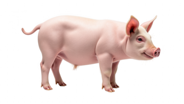 Cute, pink pig stands transparency background, showcasing its rounded body and small ears. pig appears healthy and lively, embodying playful