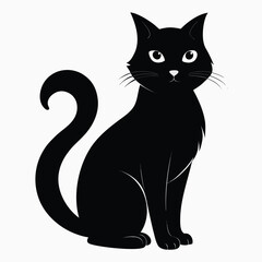 Photo of elegant black cat sitting gracefully with its tail curled, isolated on white background, a charming and simple vector illustration