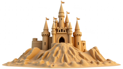Majestic sandcastle with tall towers and flags, built on sandy mound, evokes sense of creativity and fun