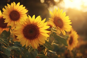 Naklejka premium Sunflowers with golden light, vibrant yellow petals and dark brown centers