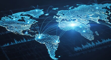 Global network connections visualized on a digital world map, showcasing interconnectedness and data flow.