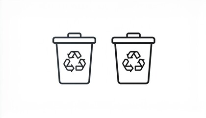 A set of two minimalist recycling bin icons with lids. Outline illustration representing waste management, environmental conservation, and sustainability.