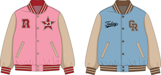 Pink varsity jacket and blue varsity jacket, fashionable outerwear, stylish casual coats, trendy college wear, unisex sportswear, modern street fashion