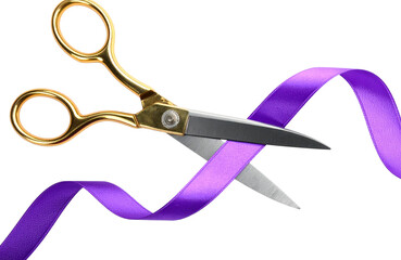 Vintage scissors slicing purple ribbon against transparent backdrop, symbolizing ceremonial inauguration moment