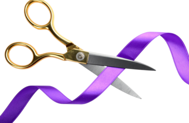 Vintage scissors slicing purple ribbon against transparent backdrop, symbolizing ceremonial inauguration moment