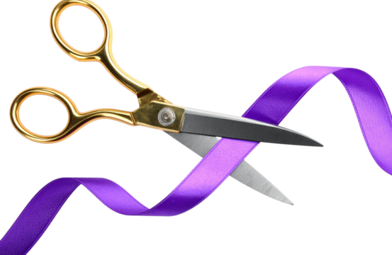 Vintage scissors slicing purple ribbon against transparent backdrop, symbolizing ceremonial inauguration moment