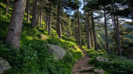 Fototapeta premium Sunlit mountain path through a pine forest