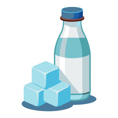 Retro Milk Bottle with Ice Cubes Vector Illustration, Classic Dairy Packaging on White Background