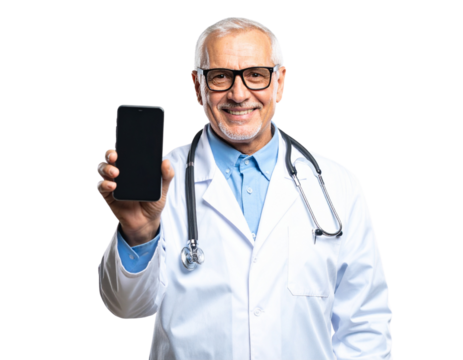Experienced Medical Professional in Scrubs Checking Smartphone, Side Angle with Thoughtful Expression, Isolated Transparent Background PNG