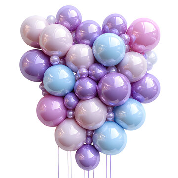 A realistic studio photo of An organic balloon wall filled with delicate lavender and pastel-colored latex balloons for a birthday theme - isolated on a white background