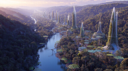 Fototapeta premium Massive Forested Capture Towers – Carbon Sink Architecture