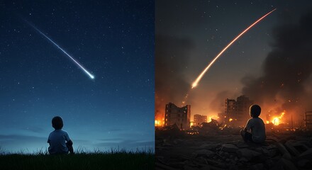 A child's perspective on a falling star, contrasting a peaceful wish with wartime destruction.