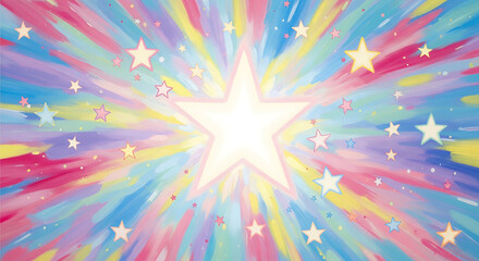A bright starburst explosion with colorful rainbow streaks and small sparkling stars, symbolizing celebration and magic
